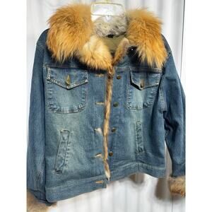 Damselle NY Denim Jacket Faux Fur Trim Lined Jean Coat Y2K Mob Wife Style M
